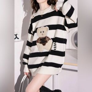 Distressed Oversized Striped Sweater With Sequined Bear